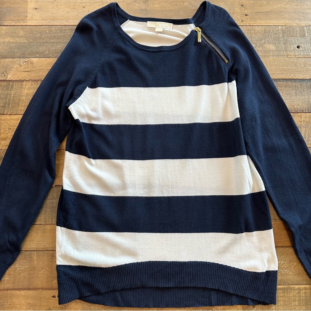 Michael Kors Navy/White Striped Sweater w/ Side Shoulder Zipper Size M